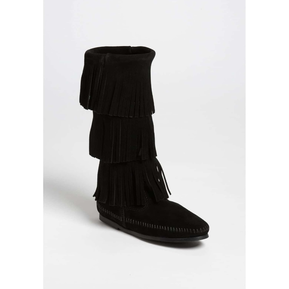 Minnetonka 3-Layer Fringe Boot Black Suede (7) Hi… - image 1